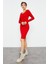 Yake Store Kırmızı Kaşkorse Triko Dar Kalıp Patlı Yaka Kadın Elbise - 97116 1