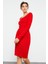 Yake Store Kırmızı Kaşkorse Triko Dar Kalıp Patlı Yaka Kadın Elbise - 97116 2