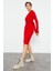 Yake Store Kırmızı Kaşkorse Triko Dar Kalıp Patlı Yaka Kadın Elbise - 97116 3