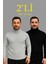 Erkek Fitilli Triko Kazak 2'li Set Gri Siyah Regular Balıkcı Yaka Tam Boğazlı Triko Seti Modeli Kazak 1