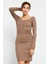Yake Store Bej Kaşkorse Triko Dar Kalıp Patlı Yaka Kadın Elbise - 97116 4