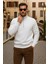 Erkek Kışlık Polo Yaka Beyaz Fermuarlı Sweatshirt 1