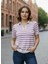 Kadın Çizgili Polo Yaka Triko Bluz – Lila Beyaz – Kısa Kollu – 36-40 Beden Uyumu 1