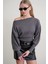 6988 Kadın Asimetrik Rib Kesim Kayık Yaka Triko Kazak Antrasit 2