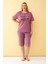 Kadın Mürdüm “make A Wish” Yazılı Büyük Beden Kapri Pijama Takımı 2