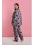 Kadın Büyük Beden Somon Yaprak Desenli Düğmeli Pijama Takımı 4