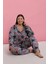 Kadın Büyük Beden Somon Yaprak Desenli Düğmeli Pijama Takımı 5