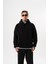 Erkek Süzene Nakış Detaylı Kapüşonlu Oversize Polar Hoodie Siyah 1
