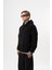 Erkek Süzene Nakış Detaylı Kapüşonlu Oversize Polar Hoodie Siyah 2
