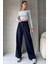 Lacivert Pantolon Kadın Yüksek Bel Ayarlanabilir Bel Geniş Paça Dokuma Kumaş 6