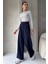 Lacivert Pantolon Kadın Yüksek Bel Ayarlanabilir Bel Geniş Paça Dokuma Kumaş 10