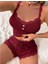 Bordo Dantel Işlemeli Fitilli Askılı Şortlu Pijama Takımı 1