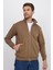Unisex Relax Fit Rahat Kesim Pamuklu Içi Polarlı Fermuarlı Kahverengi Dik Yaka Flato Cep Sweatshirt Hırka 5