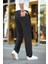Erkek Cizgili Dokuma Krep Jogger Buggy Pantalon Rahat Kalıp - Siyah 2