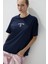 Kadın Lacivert Renk Pembe Sim Baskılı Oversize T-Shirt 1