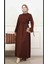 Kadın Kahve Rengi Belden Bağlama Detaylı Cepli Oysho Kumaş Tesettür Elbise 1
