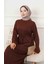 Kadın Kahve Rengi Belden Bağlama Detaylı Cepli Oysho Kumaş Tesettür Elbise 2