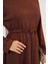 Kadın Kahve Rengi Belden Bağlama Detaylı Cepli Oysho Kumaş Tesettür Elbise 3