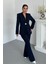 Kadın Ikili Takım Şık Düğme Detaylı Dik Yaka Blazer Ceket Bol Paça Pantolon Takım 2