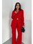 Kadın Ikili Takım Şık Düğme Detaylı Dik Yaka Blazer Ceket Bol Paça Pantolon Takım 2