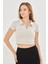 Kadın Esnek Modal Kumaş Polo Yaka Tişört Taş 8508-T 3