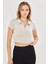 Kadın Esnek Modal Kumaş Polo Yaka Tişört Taş 8508-T 7