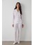 Kırık Beyaz Fiyonk Desenli Gömlek Yakalı Uzun Kollu Pijama Takımı 1