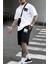Erkek Beyaz-Siyah Bermuda Siyah Şort Oversize Beyaz T-Shirt Takım New York Baskılı 1