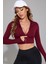 Kadın Bordo Uzun Kol Fermuarlı Parmak Geçme Detaylı Dik Yaka Crop Top Bluz 1