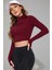 Kadın Bordo Uzun Kol Fermuarlı Parmak Geçme Detaylı Dik Yaka Crop Top Bluz 5