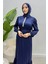 Taşlı Gömlek Yaka Altı Fırfırlı Saten Tesettür Abiye- Lacivert 2