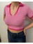 Kadın Pembe Polo Yaka Çizgili Triko Crop 1