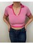 Kadın Pembe Polo Yaka Çizgili Triko Crop 2