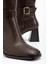 Kadın Kahverengi Cilt Küt Burun Diz Altı Topuklu Çizme 3