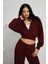 Bordo Crop Kapşonlu Fermuarlı Kadın Sweatshirt MG2608 1
