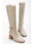 Kadın Bej Cilt Küt Burun Diz Altı Topuklu Çizme 1