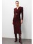 Moda Ilgi Kadın Kruvaze Büzgü Detaylı Jakar Yakma Kumaş Beli Kemerli Kalem Elbise 0022 Bordo 1