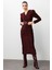 Moda Ilgi Kadın Kruvaze Büzgü Detaylı Jakar Yakma Kumaş Beli Kemerli Kalem Elbise 0022 Bordo 2