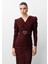 Moda Ilgi Kadın Kruvaze Büzgü Detaylı Jakar Yakma Kumaş Beli Kemerli Kalem Elbise 0022 Bordo 3