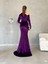 Omzu Açık Maxi Boy Kadife Kumaş Abiye Elbise Mor 582009 4