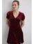 V Yakalı Mini Kadife Elbise - Bordo 4