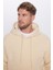 Unisex Oversize Geniş Kesim Pamuklu Yumuşak Dokulu İçi Polarlı Basic Bej Kapüşonlu Sweatshirt 2