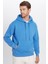 Unisex Oversize Geniş Kesim Pamuklu Yumuşak Dokulu Içi Polarlı Basic Mavi Kapüşonlu Sweatshirt 3