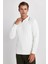 Erkek Slim Fit Dar Kesim Çizgi Detaylı Beyaz Polo Yaka Kazak 4