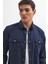 Erkek Slim Fit Uzun Kollu Spor Yaka Yıkamalı Çift Cepli Armürlü Denim Kot Lacivert Gömlek 2