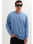 Erkek Relax Fit Rahat Kesim %100 Pamuk 2 İplik Bisiklet Yaka Mavi Sweatshirt 5