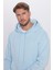 Unisex Oversize Geniş Kesim Pamuklu Yumuşak Dokulu İçi Polarlı Basic Mavi Kapüşonlu Sweatshirt 3