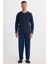 Erkek Regular Fit Pamuklu Düğmeli Yaka Beli Lastikli Desenli İndigo Pijama Takımı 4