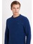 Erkek Slim Fit Dar Kesim Pamuklu Selanik Kumaş Bisiklet Yaka İndigo Sweatshirt 2