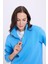 Kadın Relax Fit Rahat Kesim Pamuklu İçi Polarlı Yarım Fermuarlı Mavi Dik Yaka Sweatshirt 2